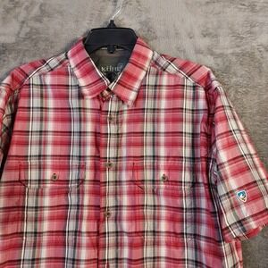 KUHL Eluxur Shirt Men's Large Red‎ Plaid Short Sleeve Pocket Button up Shirt